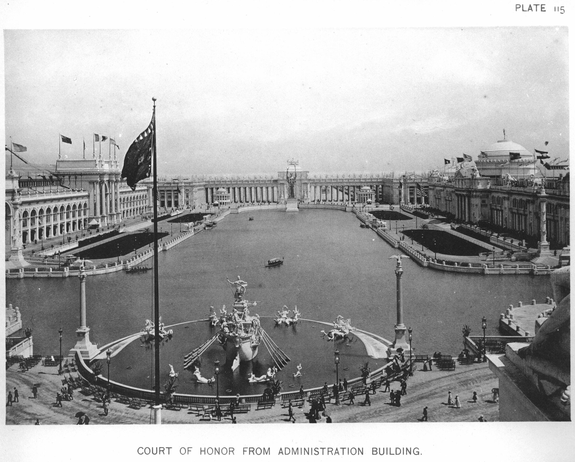 Grabado: la Corte de Honor desde el edificio de Administración, Exposición Colombina de Chicago, 1893